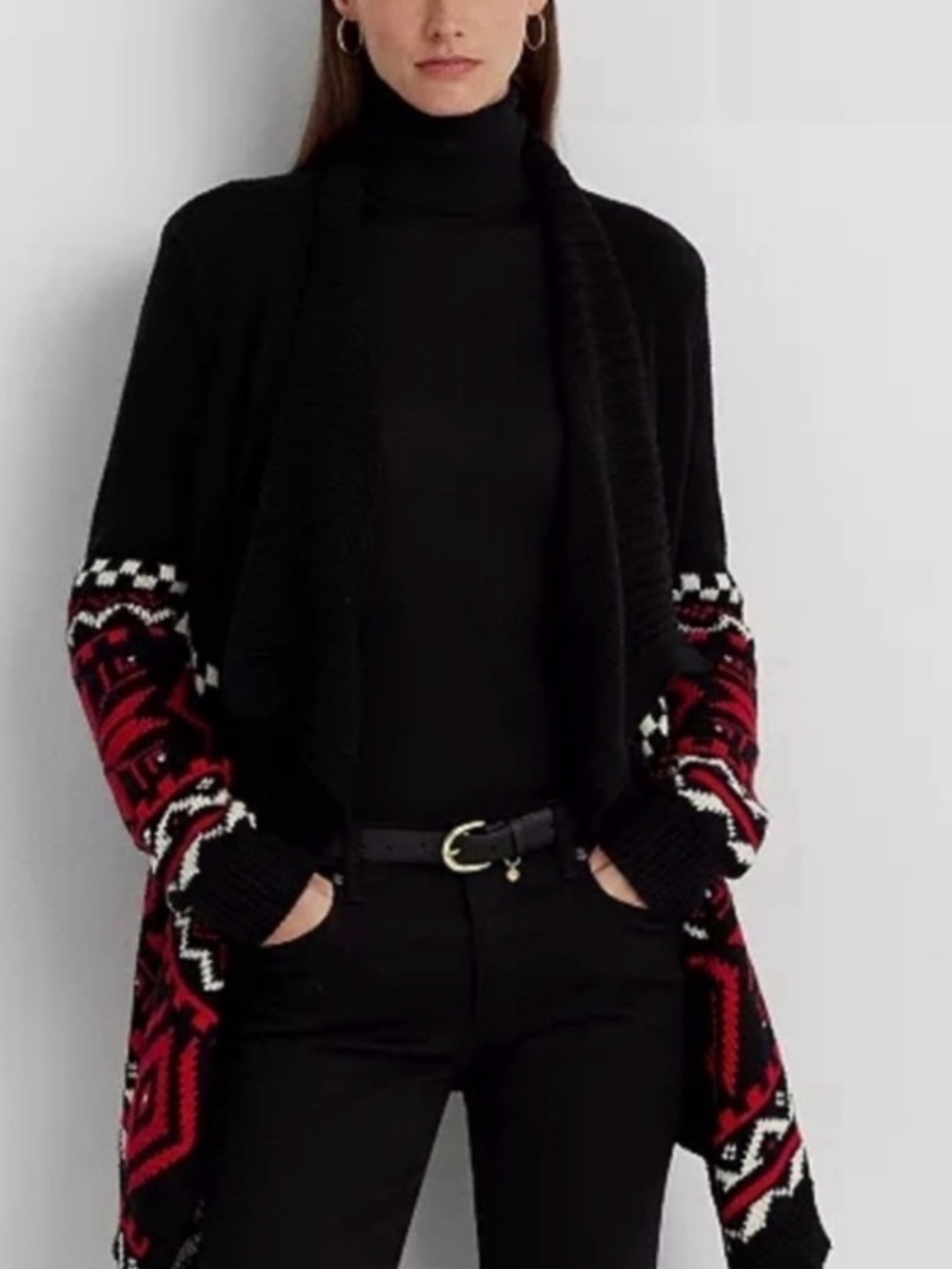 Ralph Lauren Black and Red Patterned Draped Cardigan